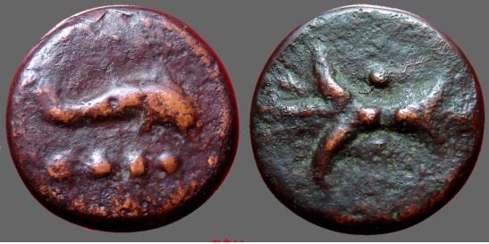 RR 280-276 BCE Anon Aes Grave Triens Tbolt-Dolphin Rome Obv-Rev Crawford 14-3 T Vecchi 3.JPG