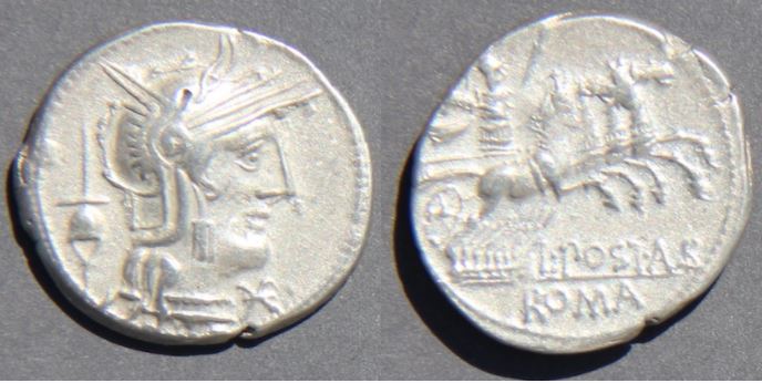 RR AR Denarius 131 BCE L Postumius  Albinus Roma Biga Craw 252-1 Sear 128.JPG