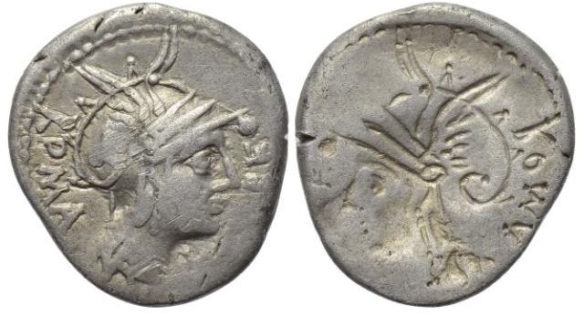 RR AR Denarius ERROR BROCKAGE ROMA Helmeted Head-Incuse and reverse of obverse - 2nd-1st C BCE.JPG