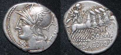 RR Baebius of Tampilus (2) 137 BCE AR Den Roma LEFT Apollo Quad S 113 Cr 236-1a.jpg