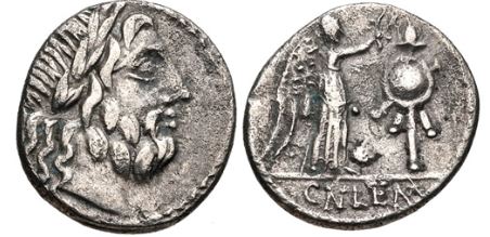 RR Cn Lentulus Clodianus 88 BCE AR Quinarius Jupiter Victory crowning trophy Craw 345-2 S 255.JPG