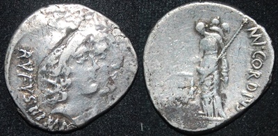RR Cordius Rufus 46 BCE AR Den Jugate Dioscuri Venus scales S 440 Cr 463-1.jpg