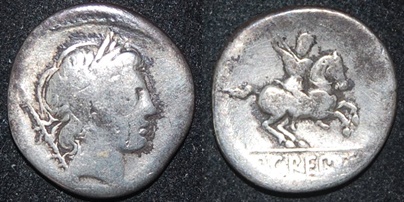RR Crespusius 82 BCE AR Den Apollo scepter Horseman spear Sear 283 Craw 361-1 Obv-Rev.jpg