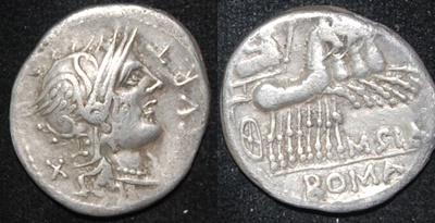 RR Curtius Silanus 116-115 BCE AR Den (2) Roma Jupiter Quad Lituus S 162 Cr 285-2.jpg