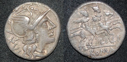 RR L Julius 141 BCE AR Den Roma XVI Dioscuri galloping S 100 Cr 224-1.jpg