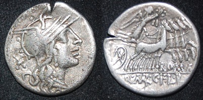RR Marcius C Fabius L Roscius AR Denarius 118-117 BCE Roma Quadriga.jpg