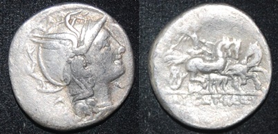 RR Pulcher Mallius Mancinus Urbinius 111-110 BCE AR Den TRIGA S 176 Cr 299-1a.jpg
