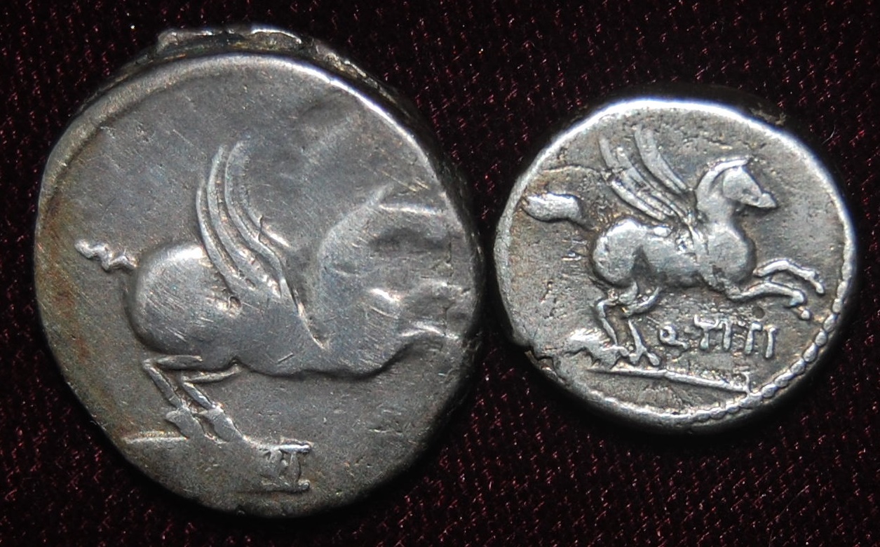 RR Q Titius 90BCE rev Denarius and Quinarius combo.JPG