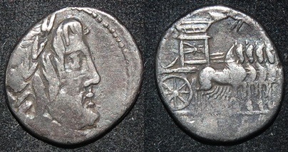 RR Rubrius Dossenus 87 BCE AR Den Jupiter Triumphal Quad S 258 Cr 348-1.jpg