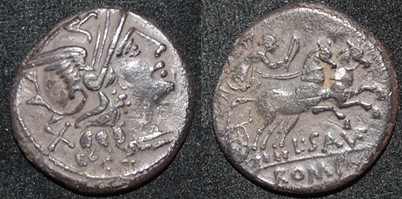 RR VF L Saufeius 152 BCE AR Denarius Roma Biga Sear 83 Craw 204-1.jpg