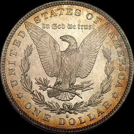 S$1 1890-S Lavish Color MS65 PCGS Rev CU 450x450.jpg