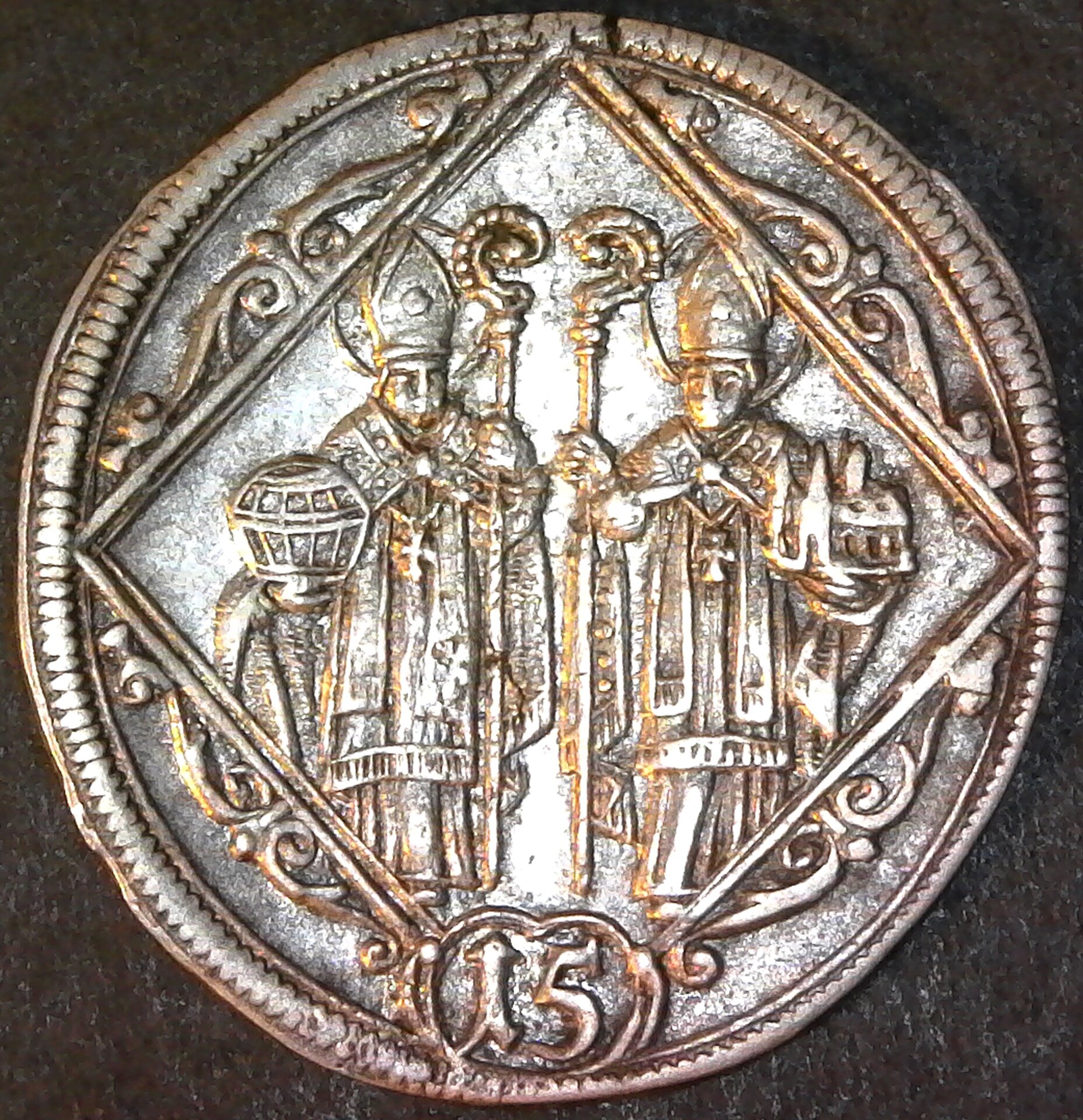 Salzburg, Austria, silver 15 kreuzer, 1694AD, Rupert and Virgil OBV.jpg