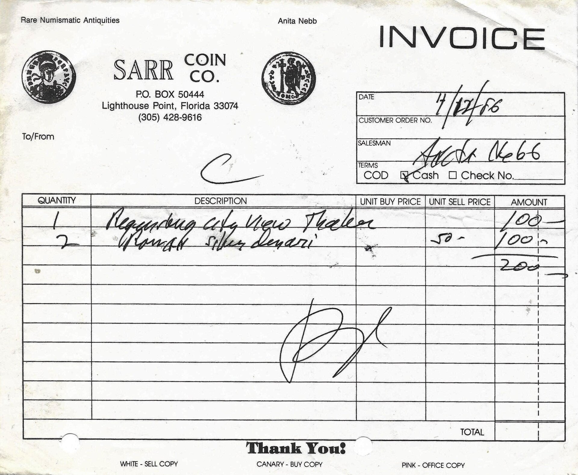 Sarr receipt 1986 2 Roman denarri (Ti. Veturius & Trajan Decius & Regensburg Thaler.jpg