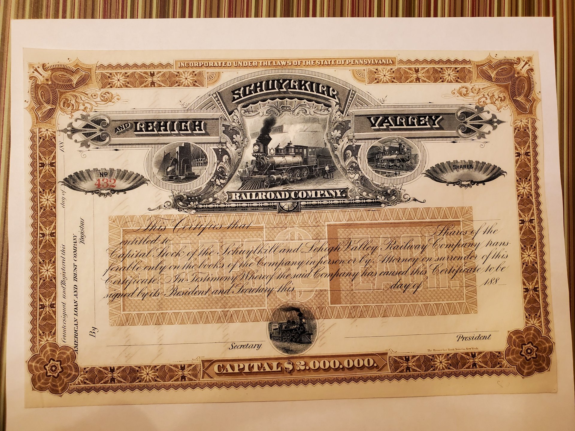 Schuylkill & Lehigh Valley Railroad Co. 1880 Stock Certificate 4.jpg
