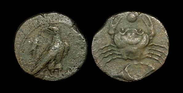Sicily Akragas AE Onkia 16mm 3.8g 425-406 BCE Eagle r fish fly - Crab conch SNG ANS 1062 var.JPG