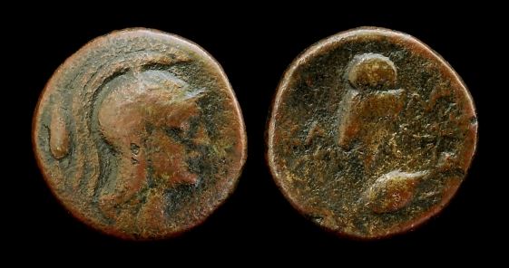 Sicily Kalakte AE unit 2nd C BCE Head Athena in Helmet - Owl rev  Obv-Rev RARE.JPG