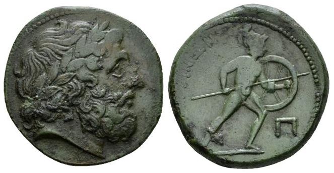 Sicily Mamertini 264-241 BCE AE Pentonkion Zeus Warrior Shield Spear Merc Samnites- Messana.JPG