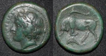 Sicily Syracuse 317-289 BC AE 23 Hemilitron Agathokles Kore Bull Dolphin Left.jpg