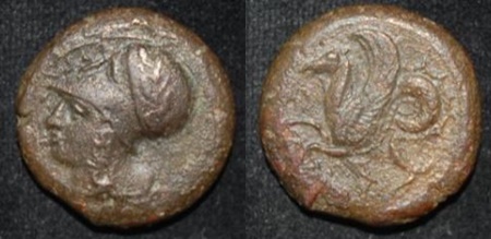 Sicily Syracuse ca 410 BC AE 19 Athena Wreath Hippocamp.jpg