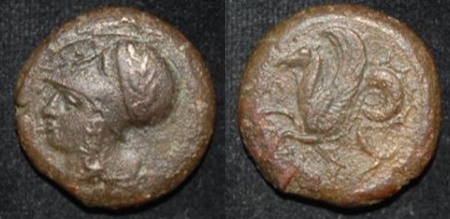 Sicily Syracuse ca 410 BC AE 19 Athena Wreath Hippocamp O-R.jpg