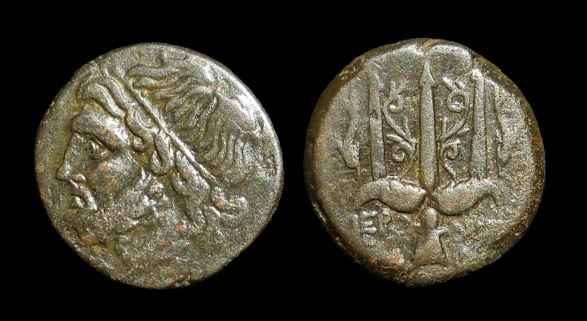 Sicily Syracuse Hieron II 275-215 BCE AE20 Poseidon Trident Dolphin.JPG