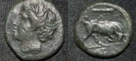 Sicily Syracuse Hieron II 275-269 BC AE 15 Persephone Bull RIGHT Rare O-R.jpg