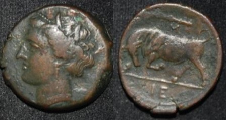 Sicily Syracuse Hieron II 275-269 BC AE 22 Persephone Bull LEFT.jpg