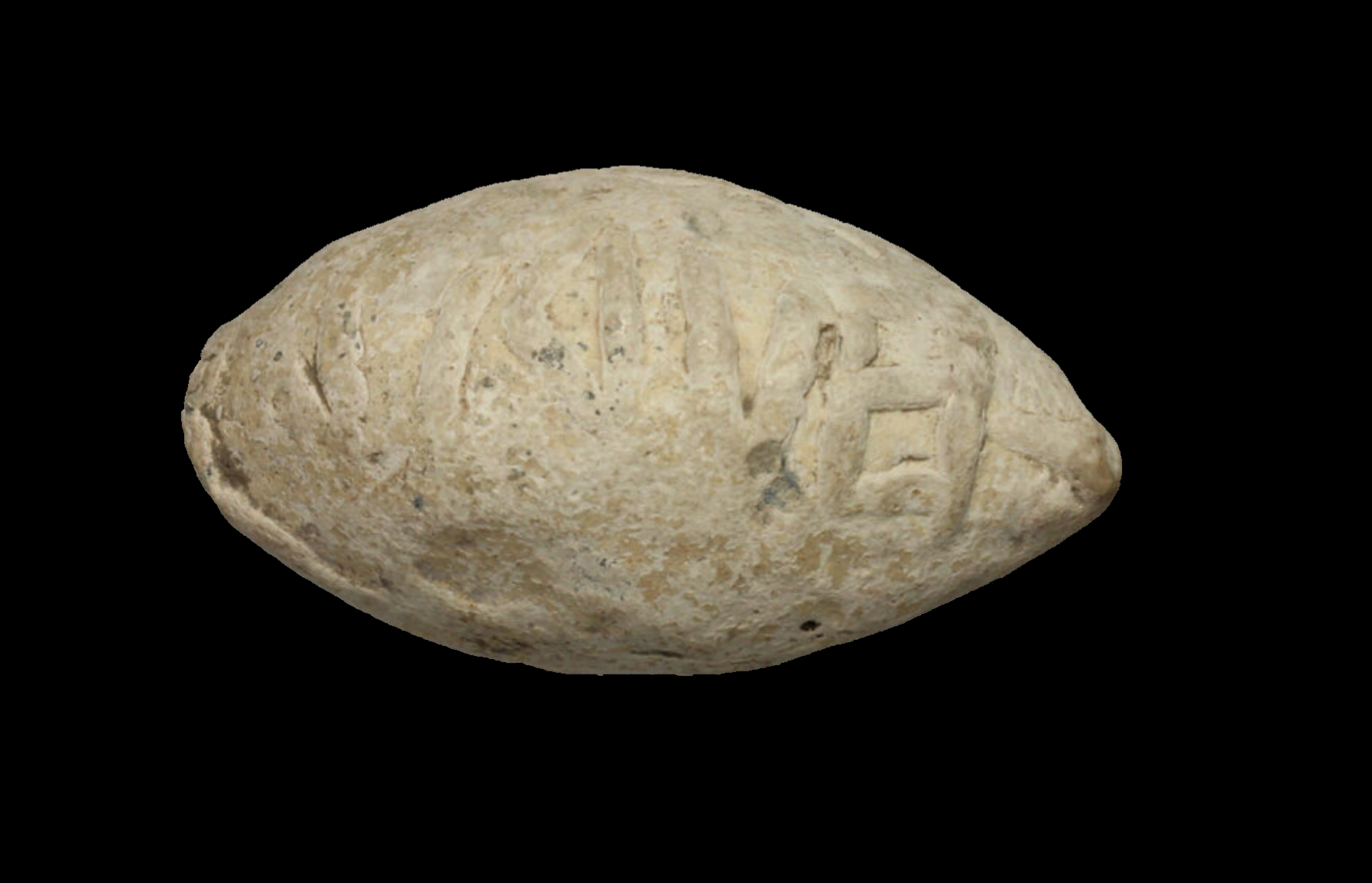 Slingshot bullet. Greek or Roman. Illegible inscription. 3cm. Ex Artmide.png