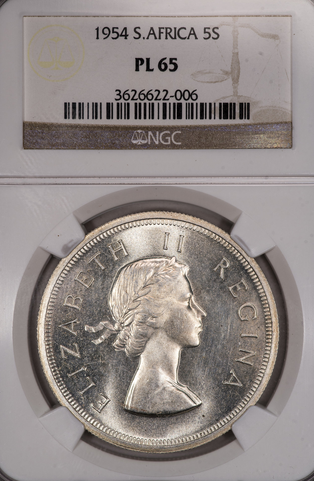 South Africa - 1954 5 Shillings NGC PL65 Slab - Obverse.jpg