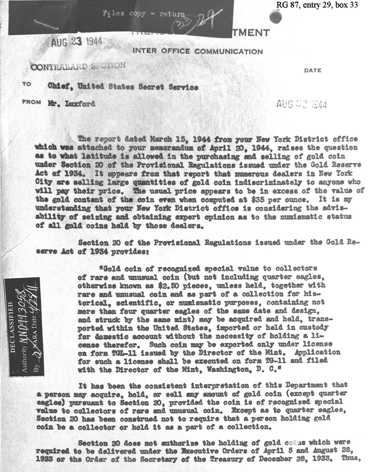 SS Memo Regarding Sale Of Gold Coins and 1934 GRA.jpg