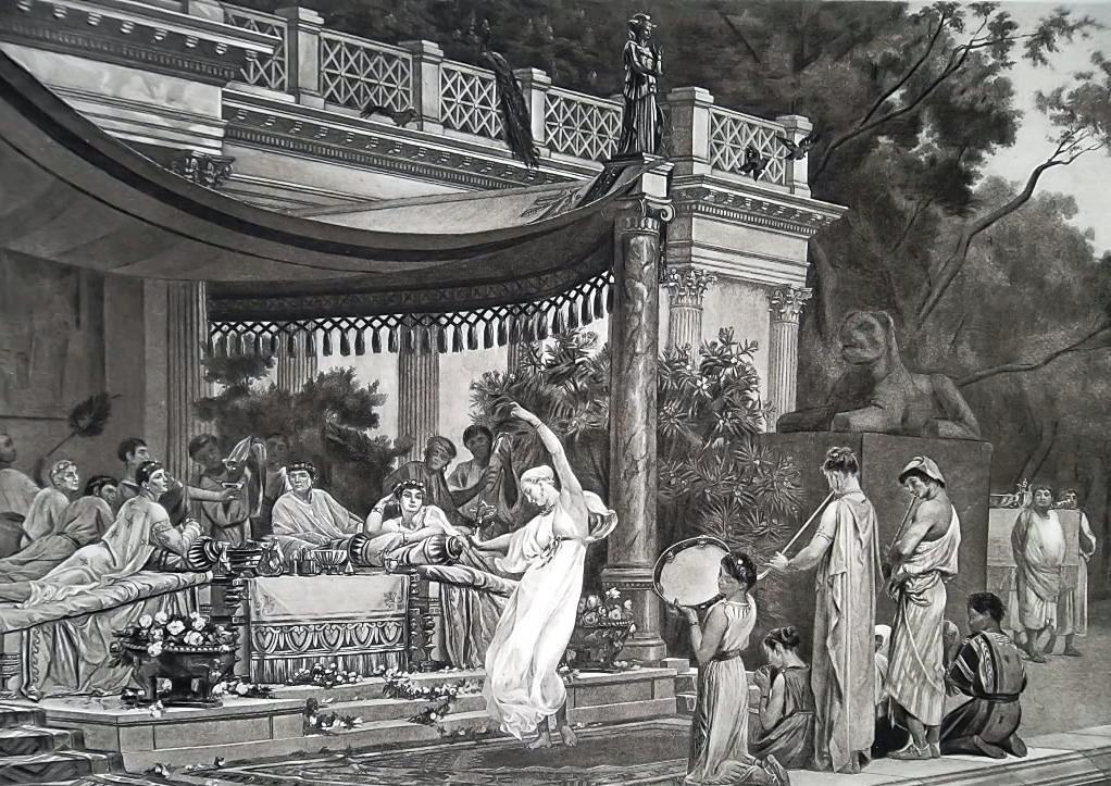 SUMMER PARTY in Villa of Roman Consul Lucullus Dancers - 1888 Fine Antique Print.jpg