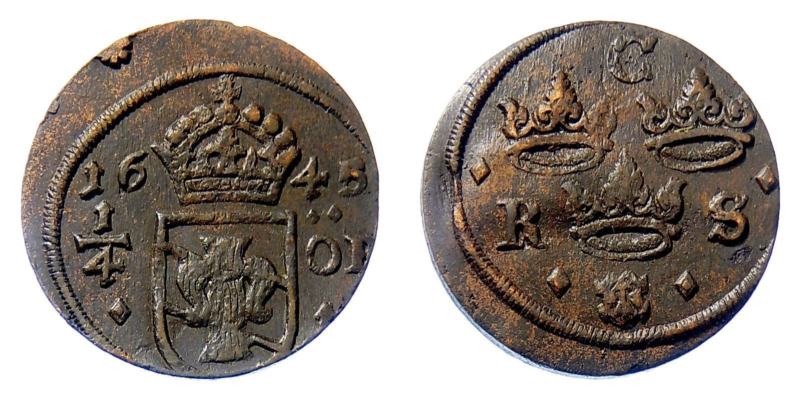 Sverige 1 4 Öre 1645 Avesta Romber bitecken Sveakronor av typ U Stor pilsköld.jpg