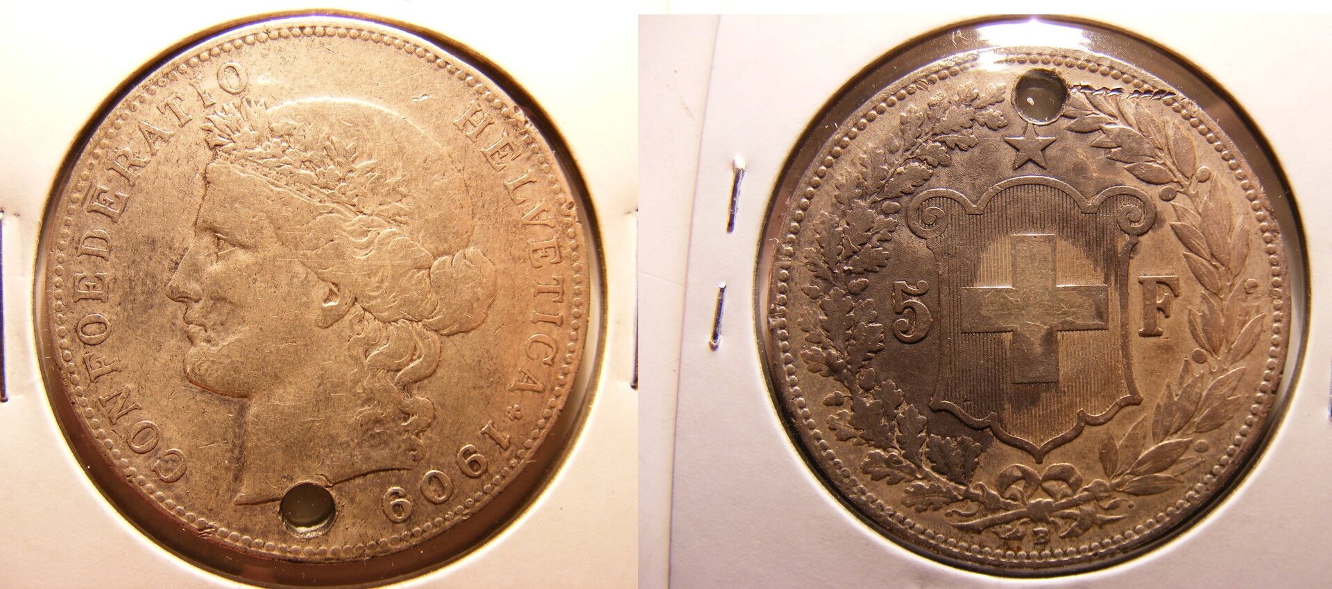 Switzerland - 1909 5 francs holed $24 June 2015aa.jpg