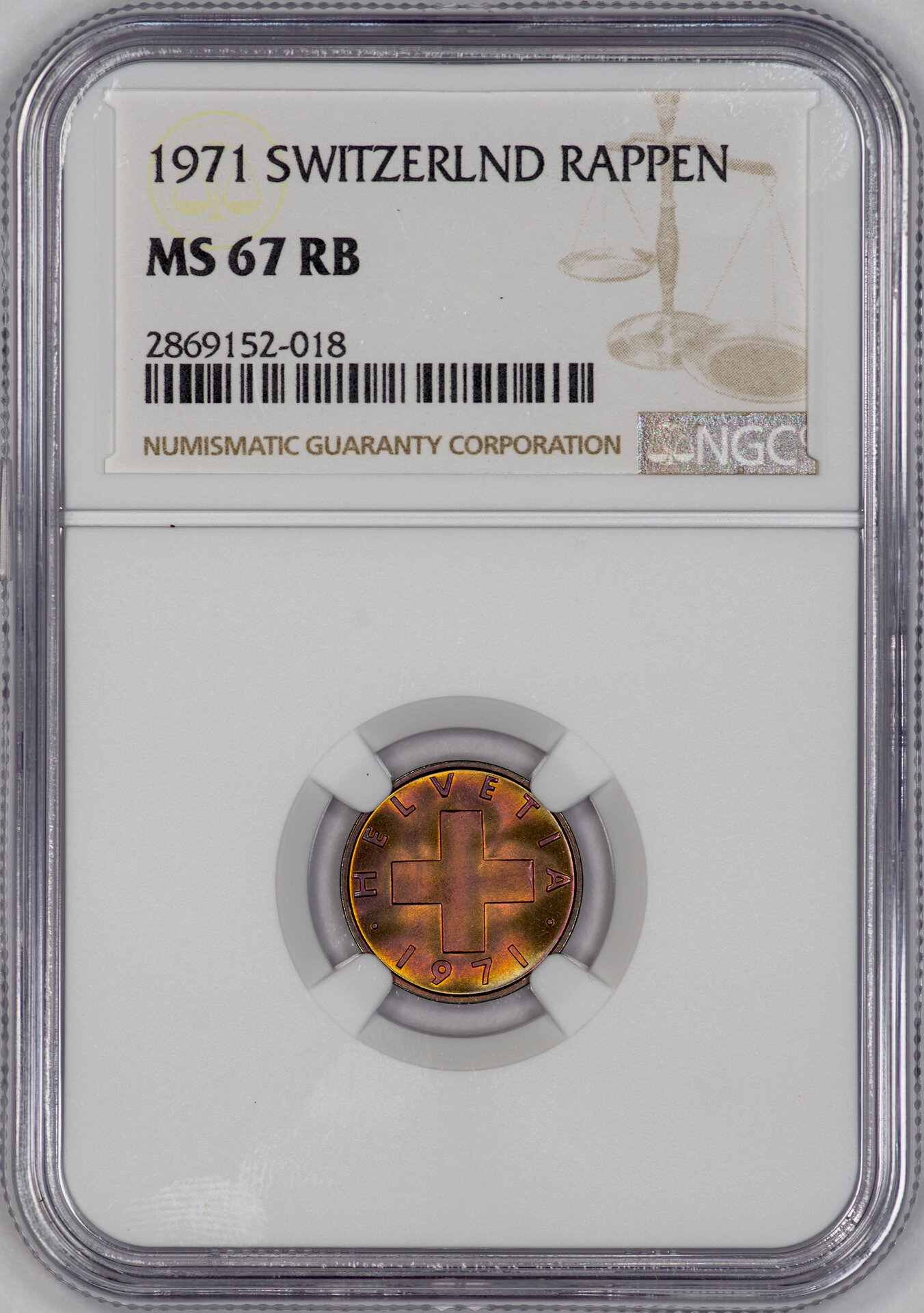 Switzerland - 1971 1 Rappen NGC MS67RB Slab - Obverse.jpg
