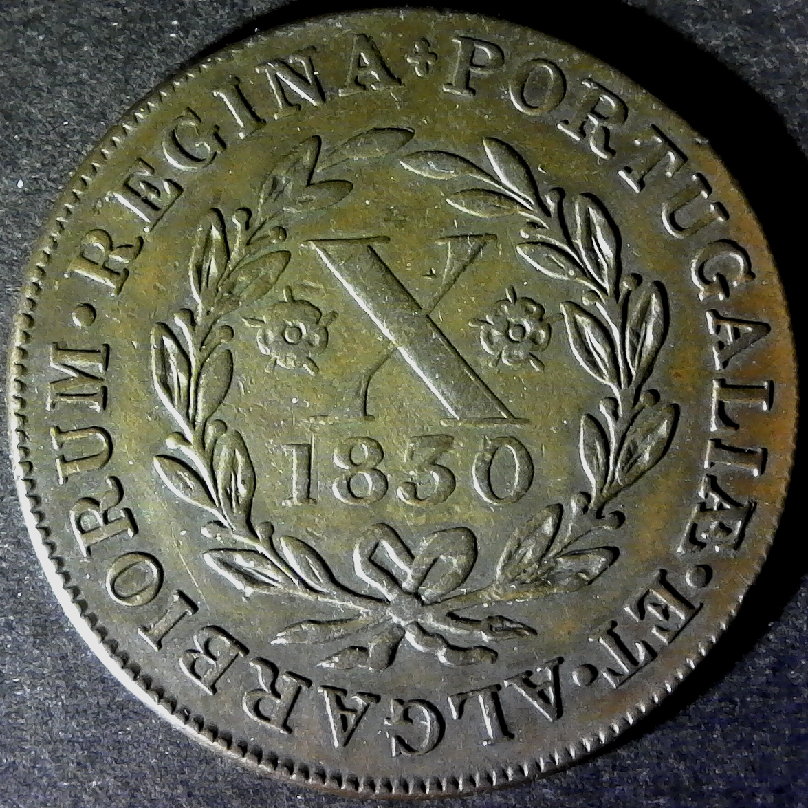 TERCEIRA ISLAND Maria II in exile 10 reis 1830 rev less 10.jpg