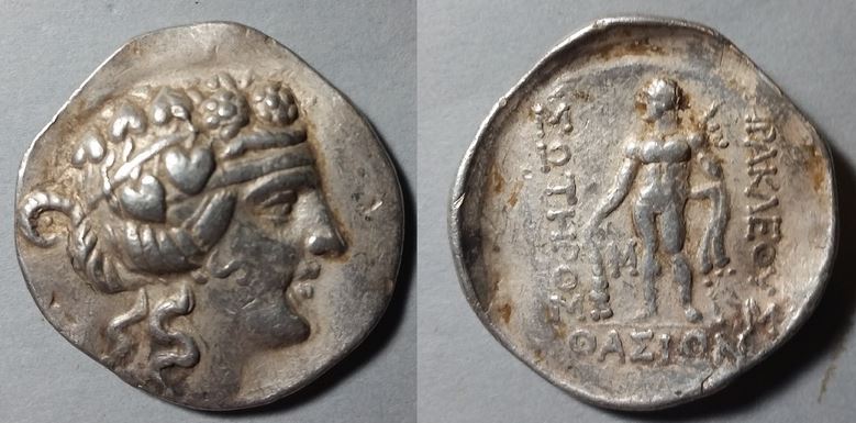 Thrace Thasos 146-50 BCE AR Tet 33mm  16.5g Dionysos Herakles Club Lion skin.JPG