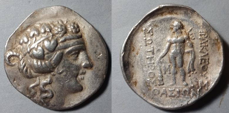 Thrace Thasos 146-50 BCE AR Tet Dionysos Herakles Club Lion skin.JPG