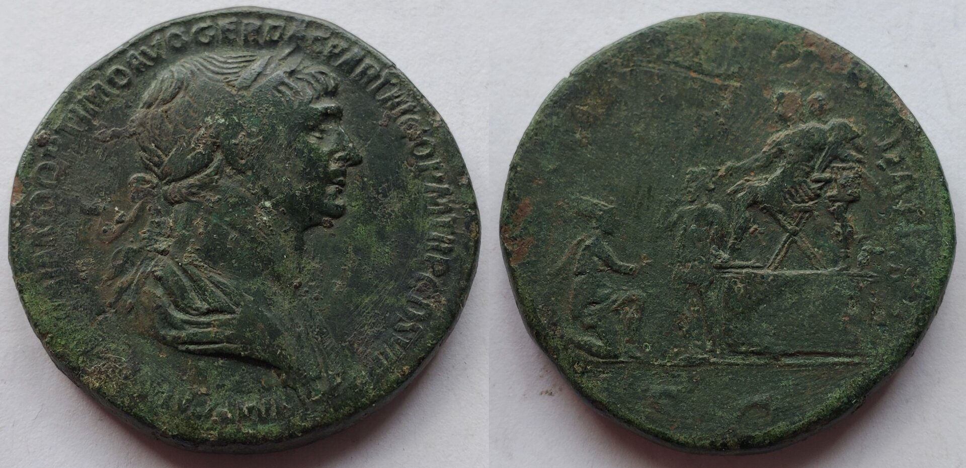 Trajan AE Sestertius REX PARTHIS DATIS Presenting Parthamaspates to kneeling Parthia.jpg