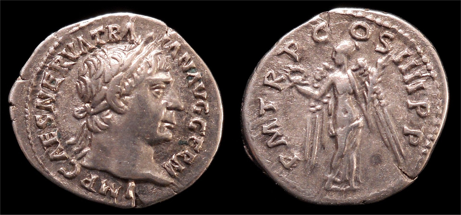 Trajan AR Denarius Victory RIC 83.jpg