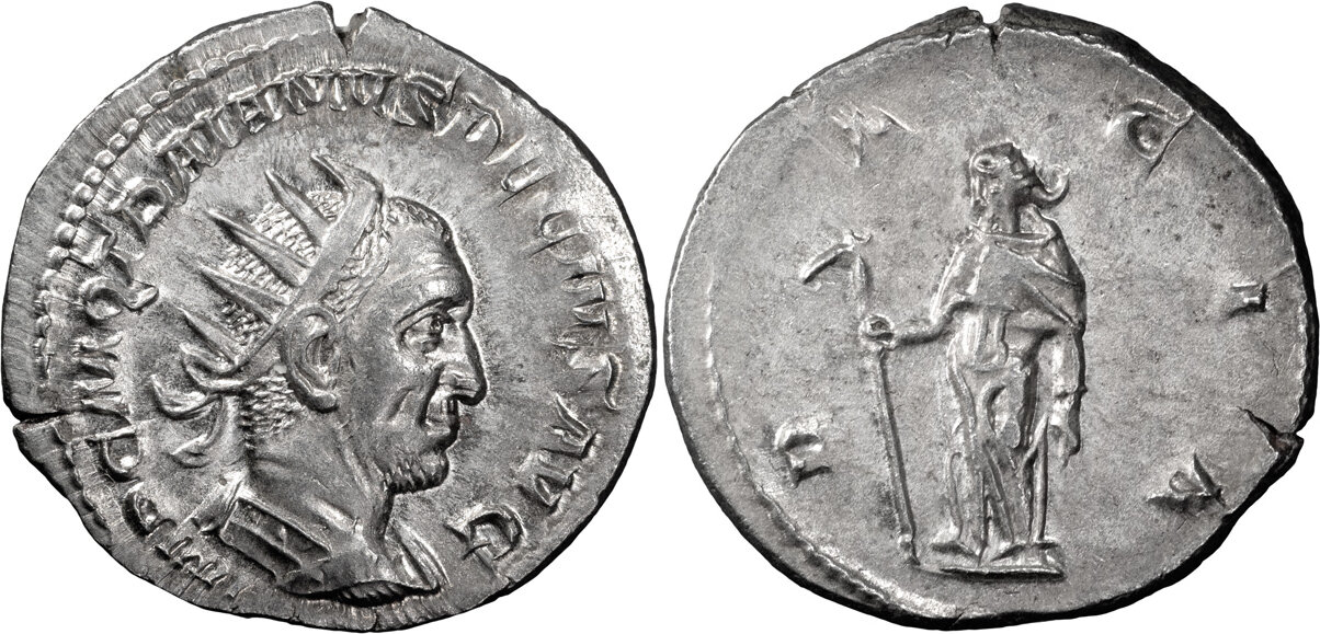 Trajan Decius DACIA AR Antoninianus HJB 215 Christian Blom, 3 Feb 1964.jpg