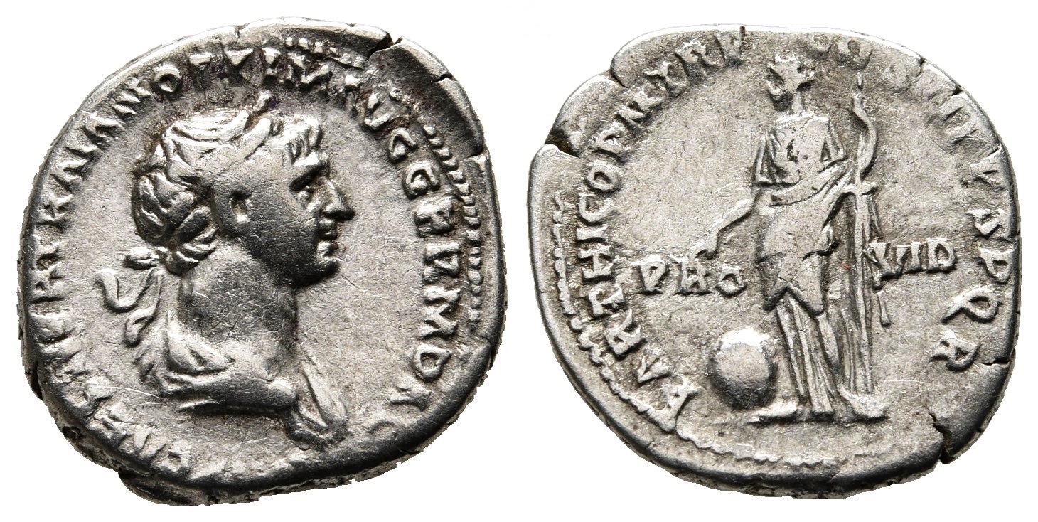 Trajan PARTHICO PM TRP COS VI PP SPQR Providentia denarius.jpg