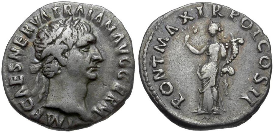 Trajan PONT MAX TR POT COS II Pax standing denarius.jpg