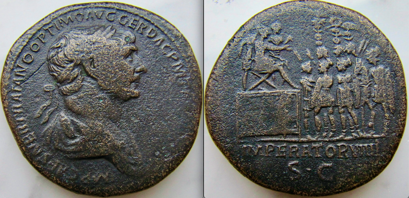 Trajan Sestertius Emperor on Platform - OBV:REV - OKP.png