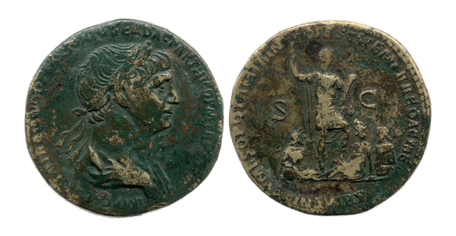 Trajan - Sestertius Trajan & 3 figs ARMENIA ET MESOPOTAMIA RIC 642 - British Museum pic.png