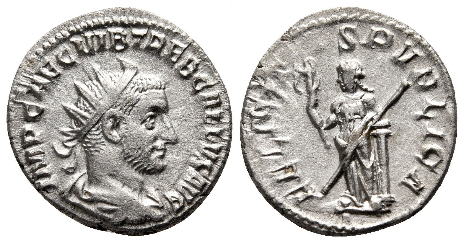 Trebonianus Gallus FELICITAS PVBLICA leaning on column antoninianus Rome.jpg