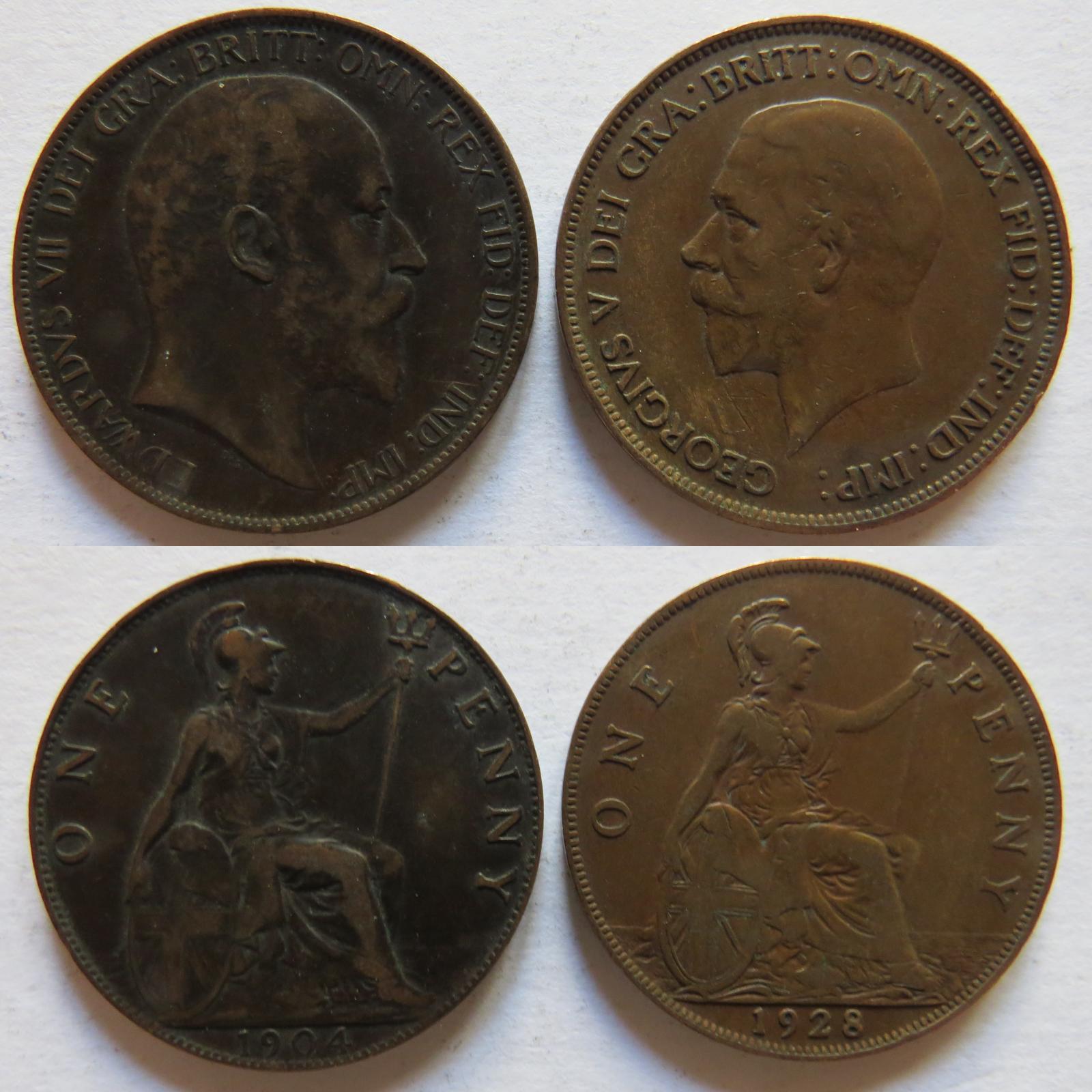 UK 1 penny 1904 and 1928.jpg