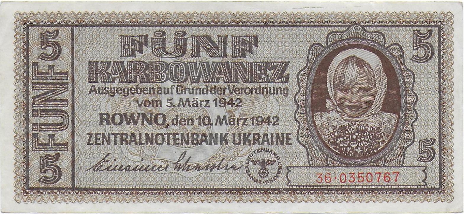 Ukraine 5 Karbovnetz 1942  front.jpg