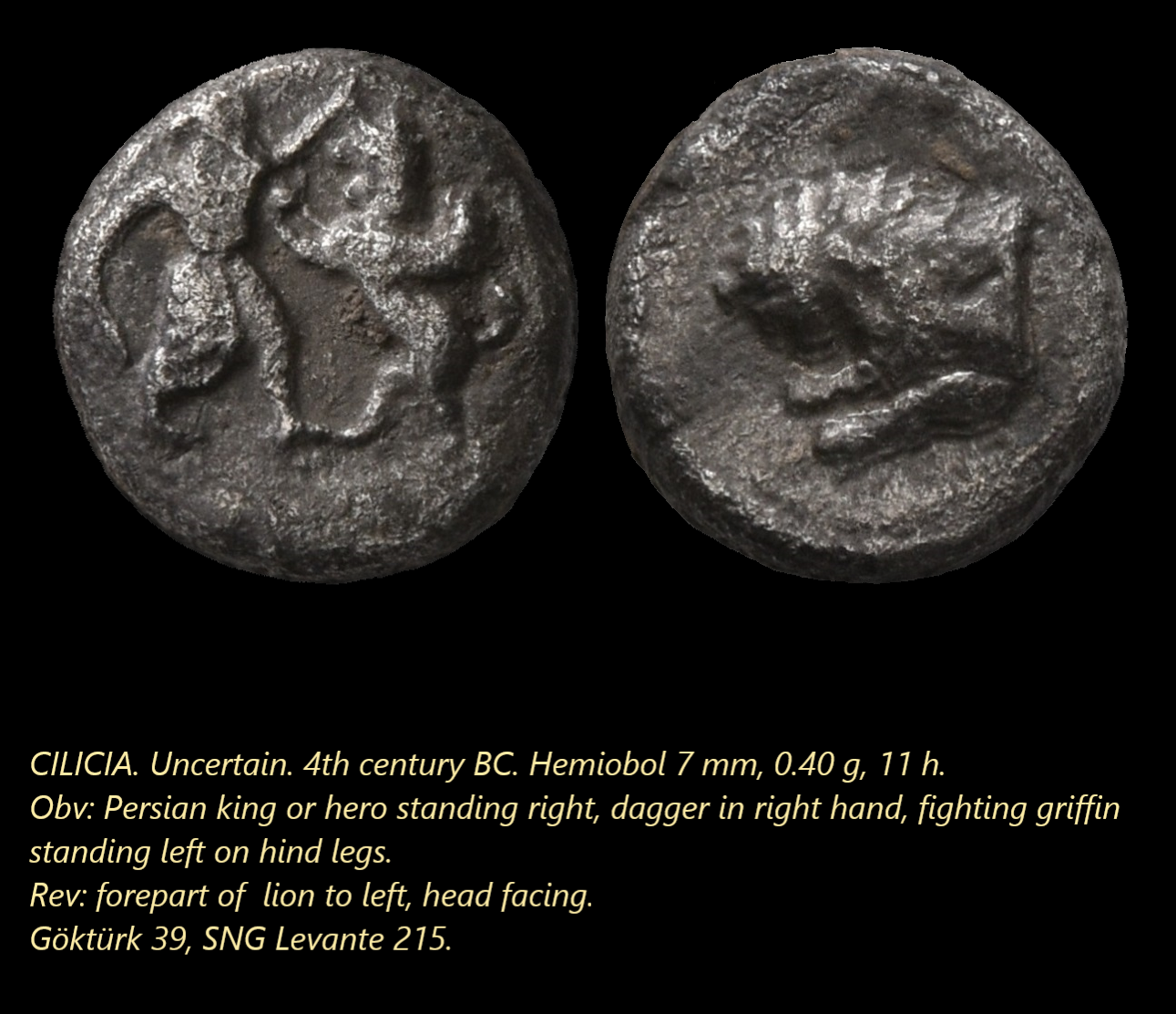 Uncertain Cilicia, hemiobol. Persian king fighting griffin..png