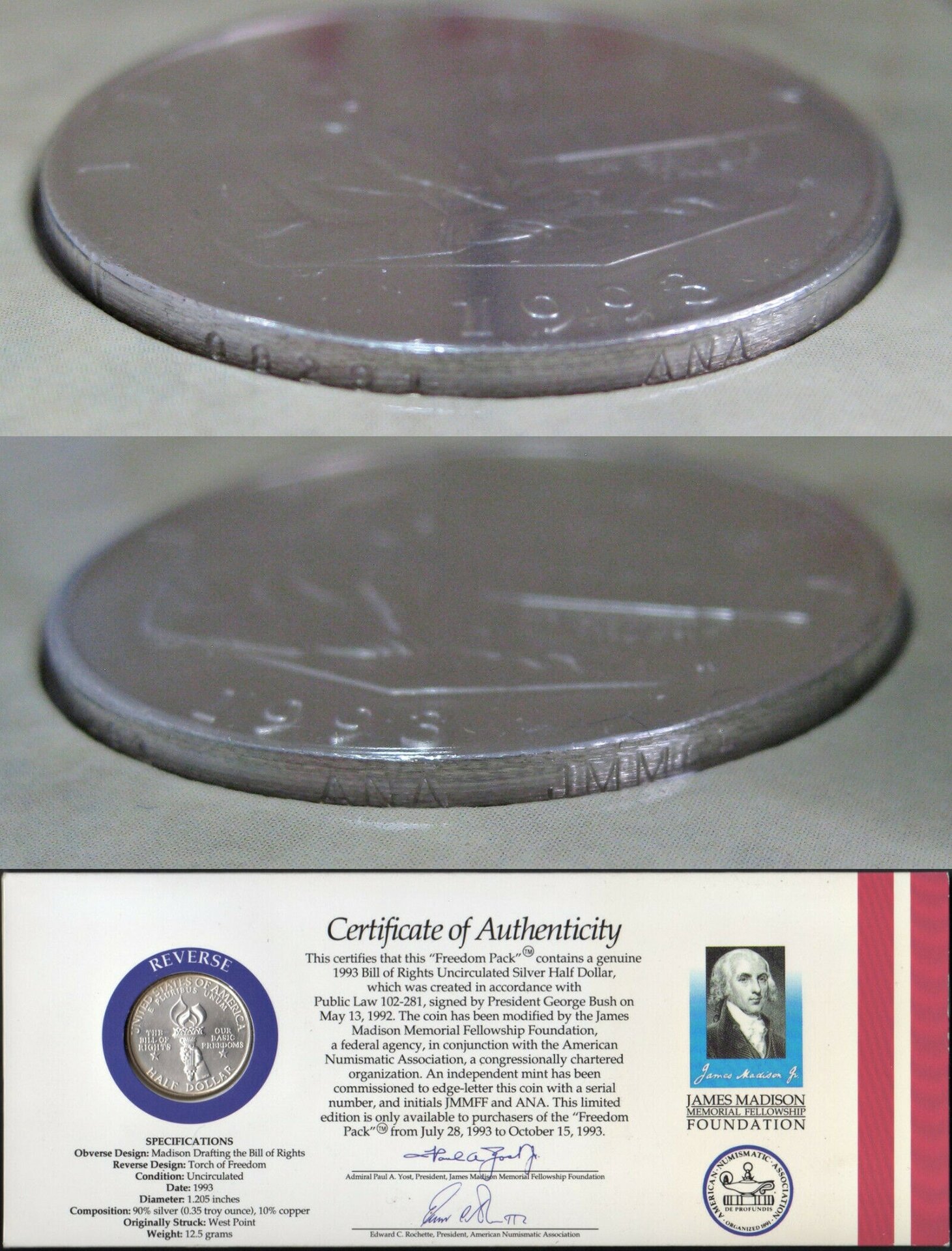 US 1993 W MADISON BILL OF RIGHTS SILVER HALF DOLLAR FREEDOM PACK SPECIAL ED 3.jpg