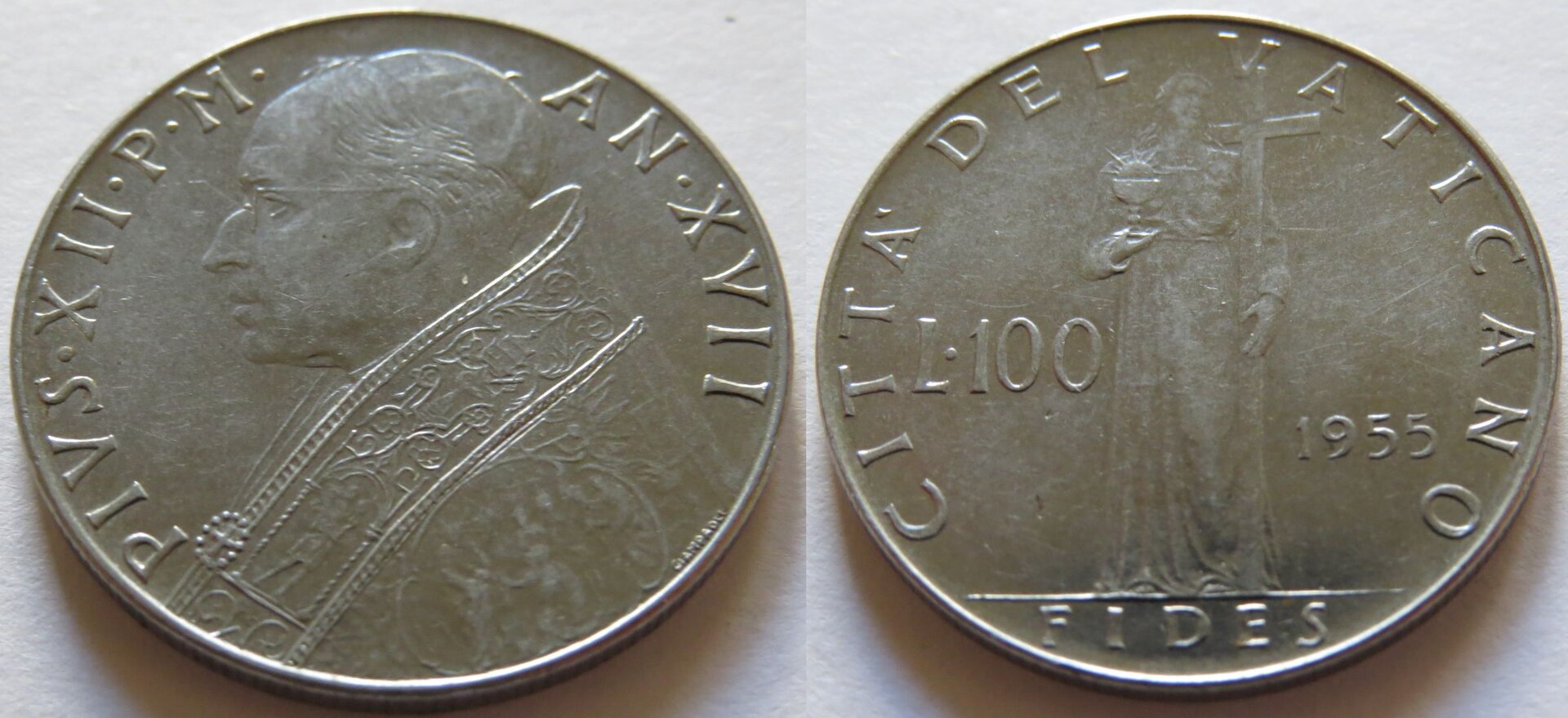 Vatican 100 Lira 1955 Pius XII Year 17.jpg